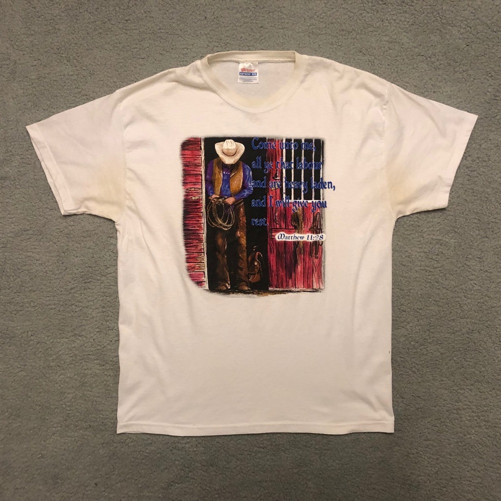 Vintage Hanes Cowboy Religious T-Shirt White Matthew 11:28 Graphic Tee Large‎